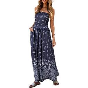 Happy Sailed Women Strapleess Floral Print Bohemian Long Dress Pockets  L-Blue5